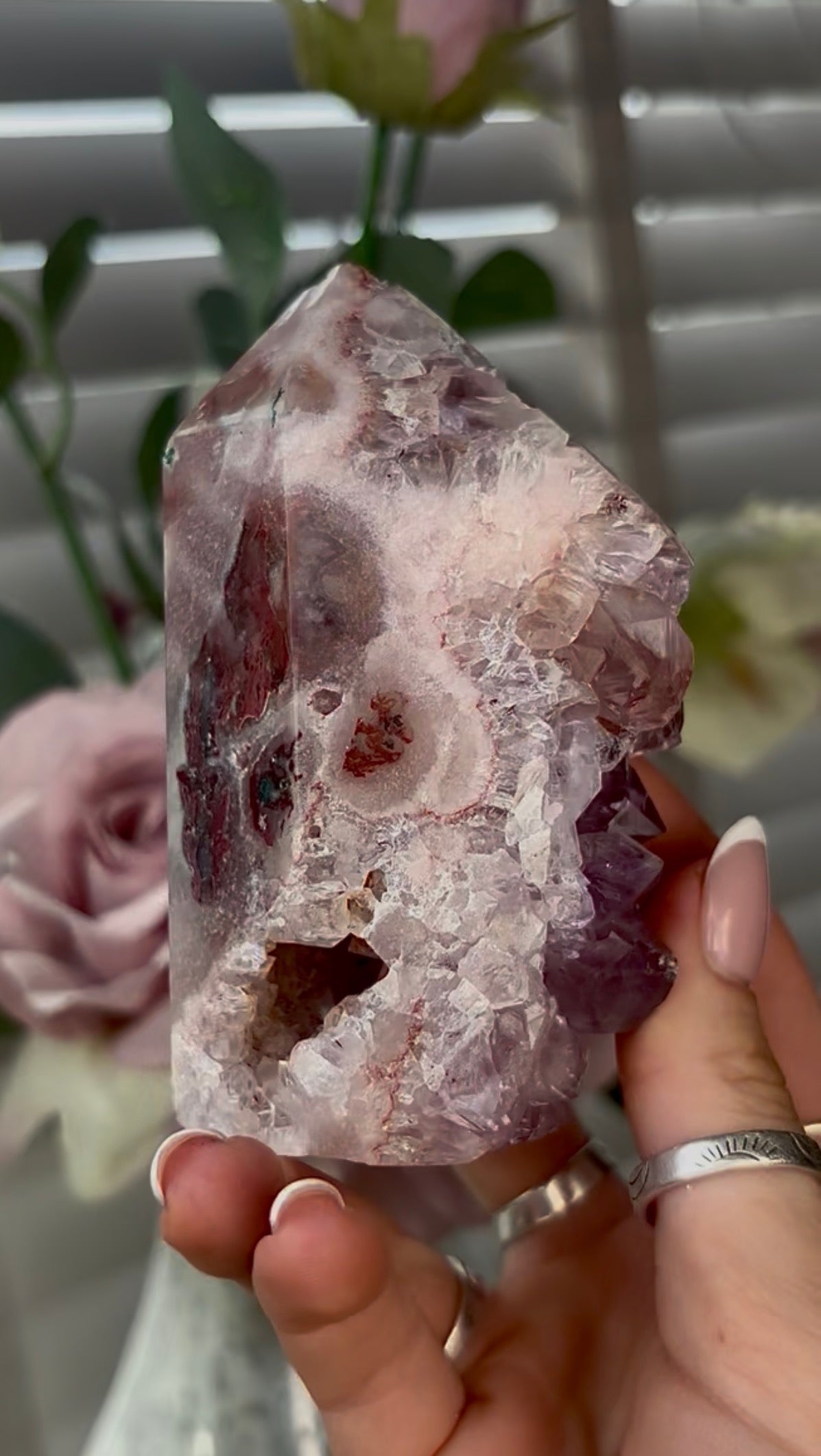 Beautiful, hq, druzy, Pink amethyst tower 10.6cm(h) by 5.8cm(w)
