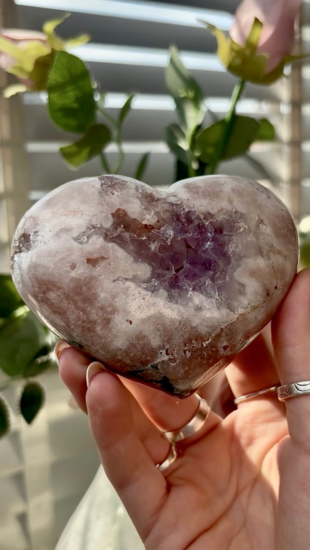 Gorgeous, pink amethyst  heart with Jasper -comes with stand