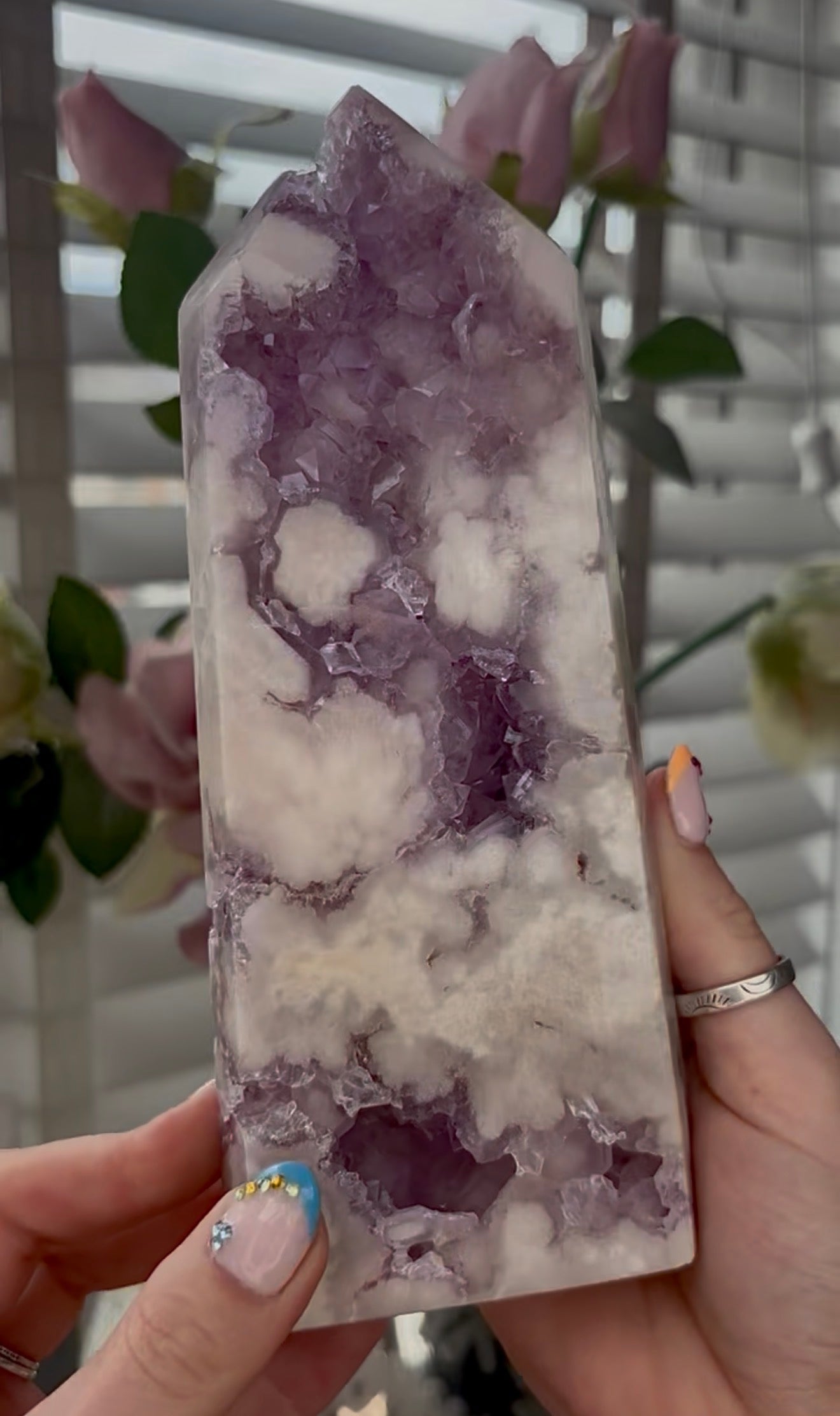 Huge, High quality, Pink amethyst tower, with purple quartz druzy