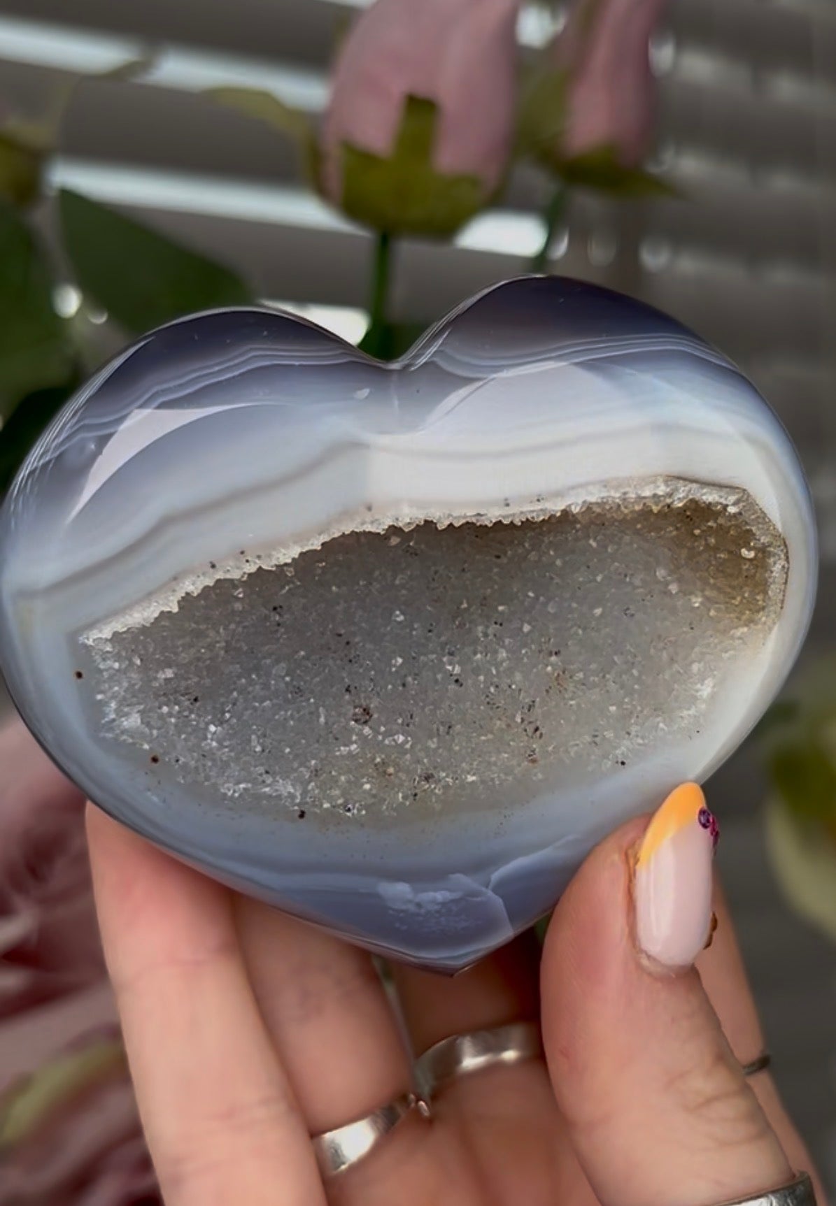 Beautiful, high grade, blue agate heart with druzy - comes with stand