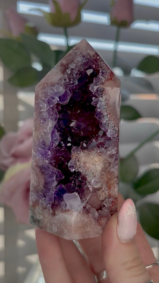Beautiful, high quality, Pink amethyst tower with purple quartz 10cm