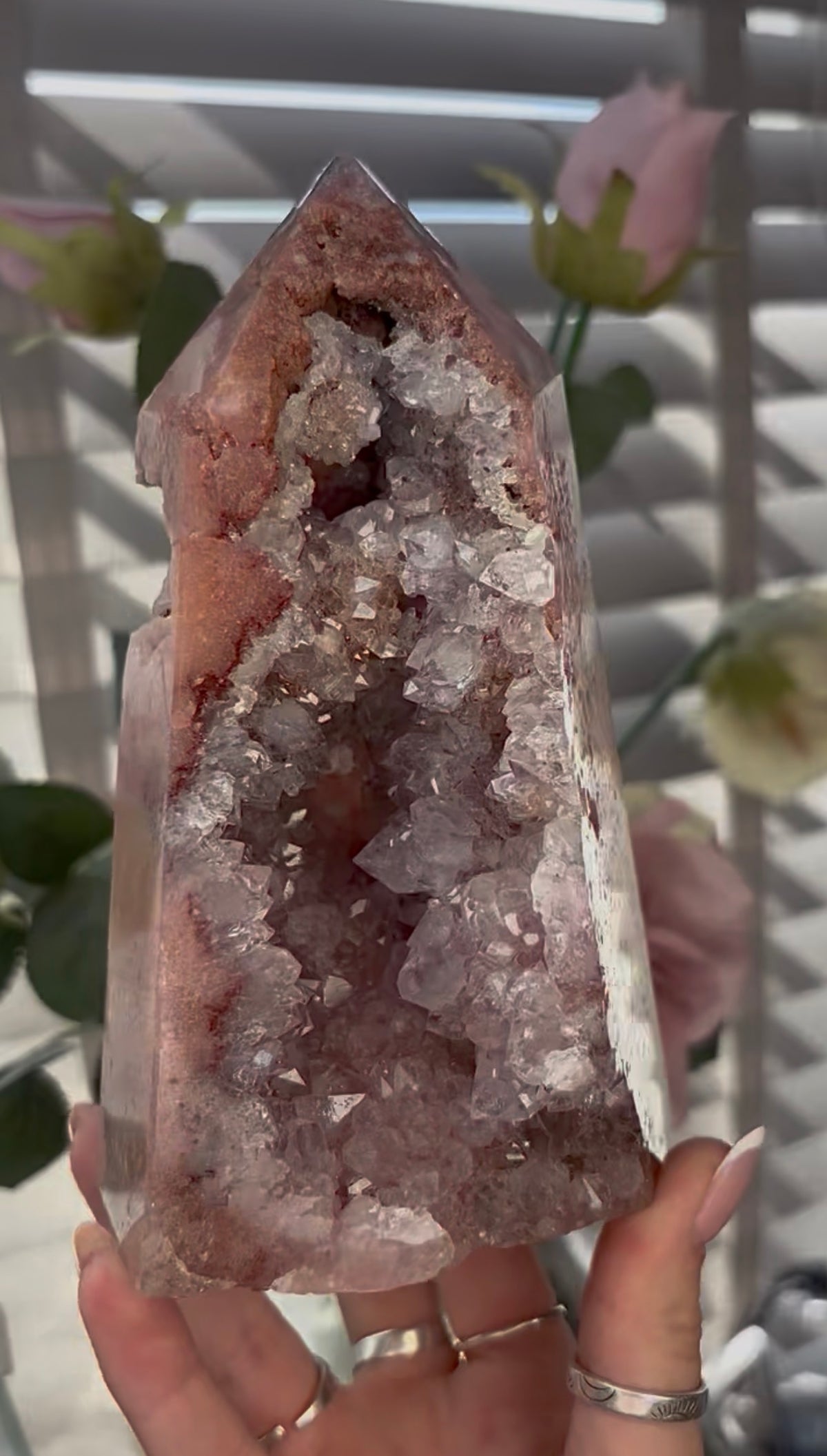 Beautiful, huge, chunky Pink amethyst tower with quartz teeth 16.5cm(h) by 9.4cm(w)
