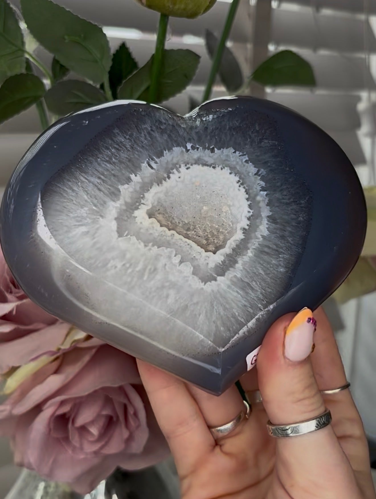 Beautiful, high grade, blue agate heart with druzy - comes with stand