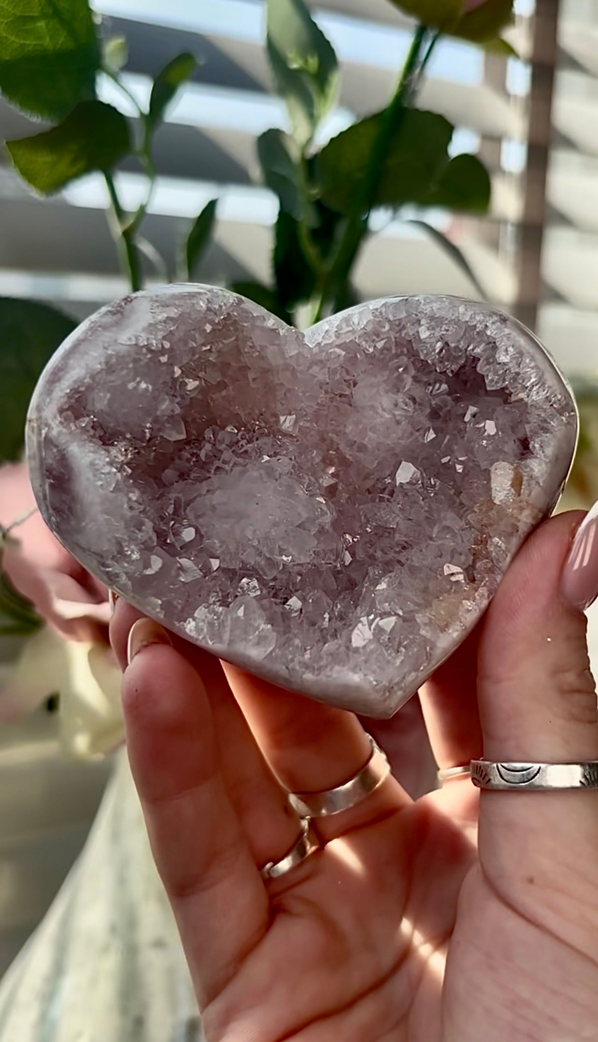 Gorgeous, pink amethyst heart- comes with stand