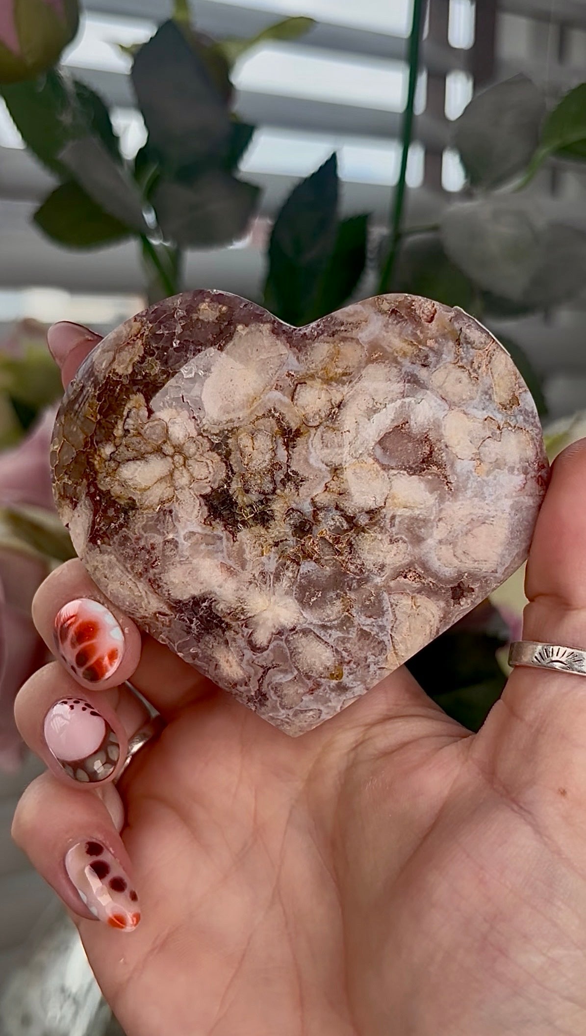 High grade, Amethyst Flower agate heart with stand