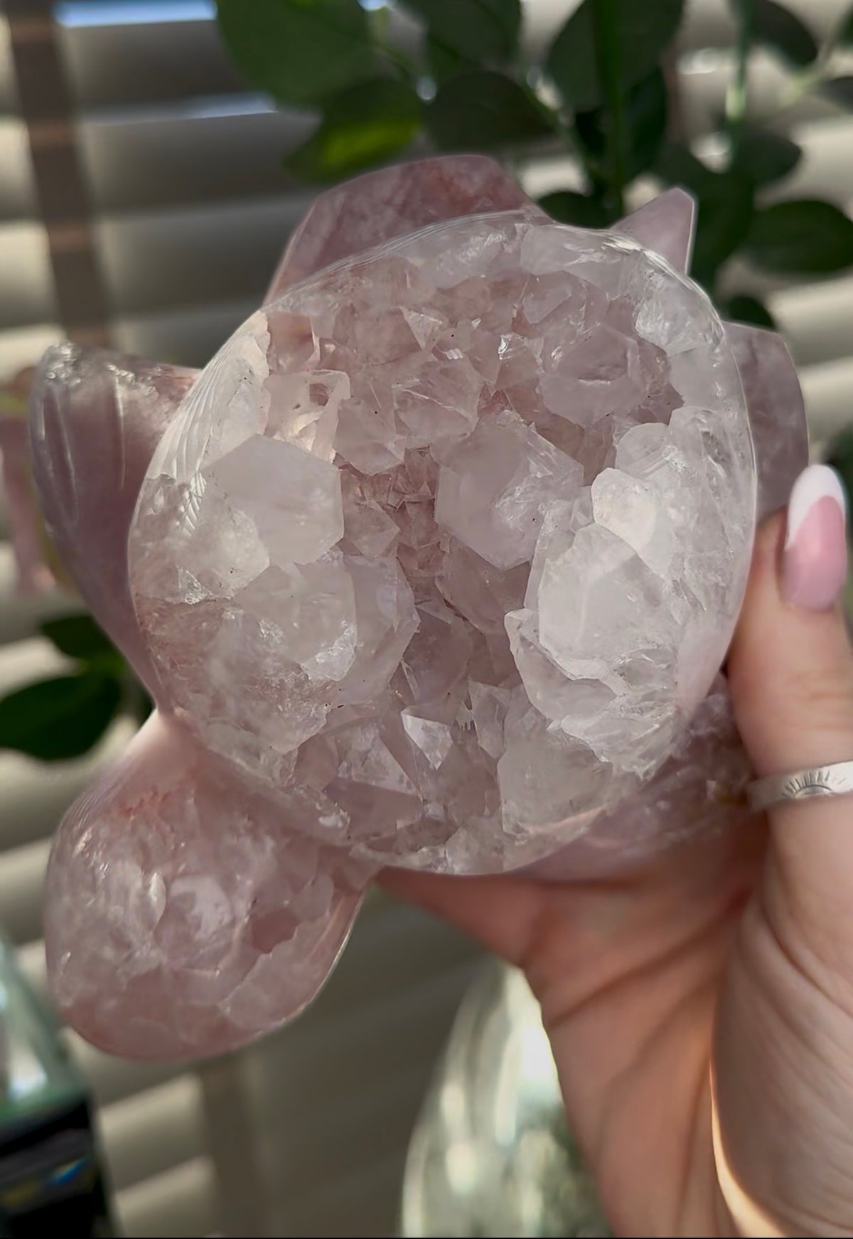 High grade, pink amethyst with chunky quartz sea turtle carving