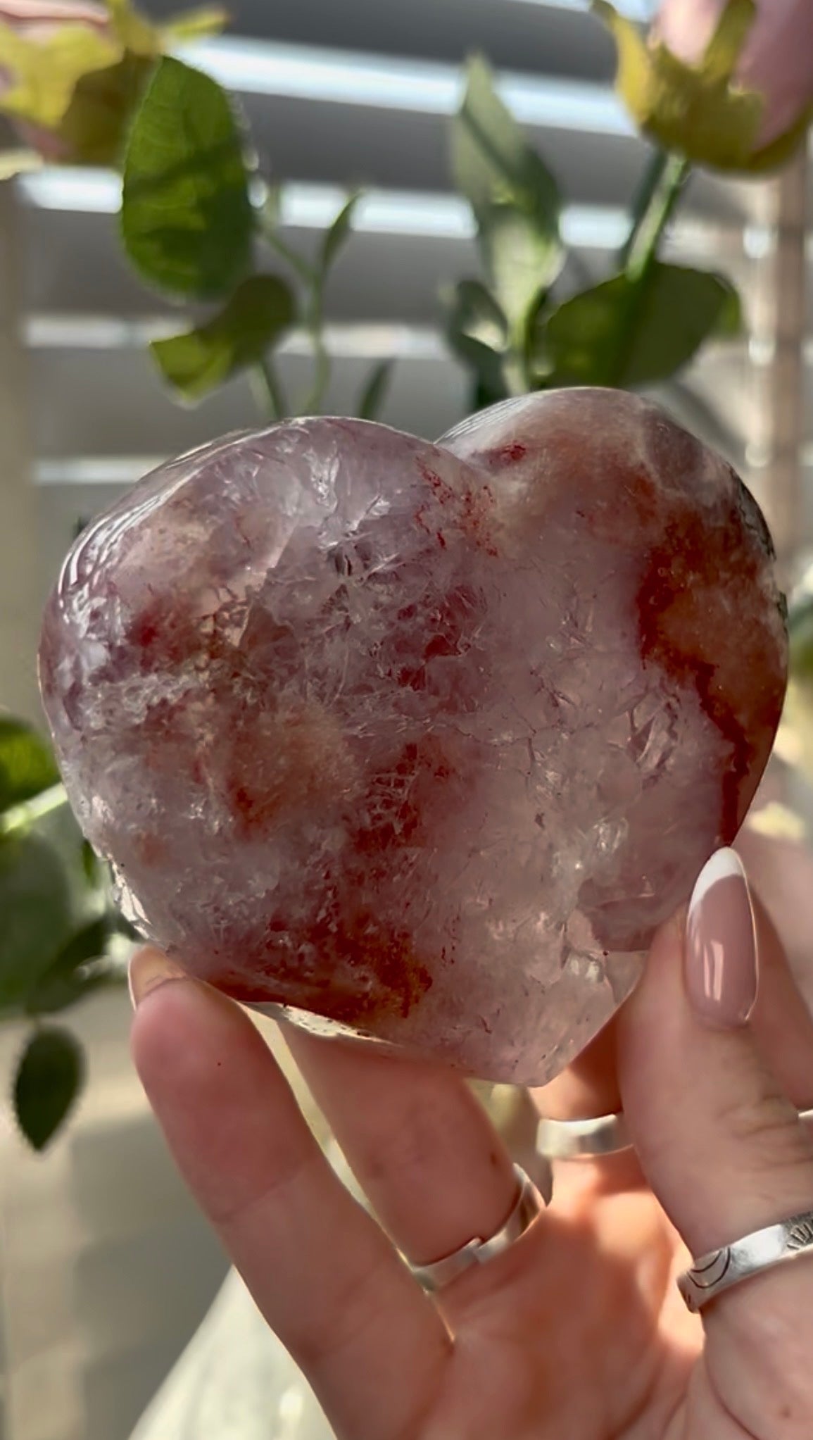 Gorgeous, berry red & pink amethyst heart with quartz - comes with stand