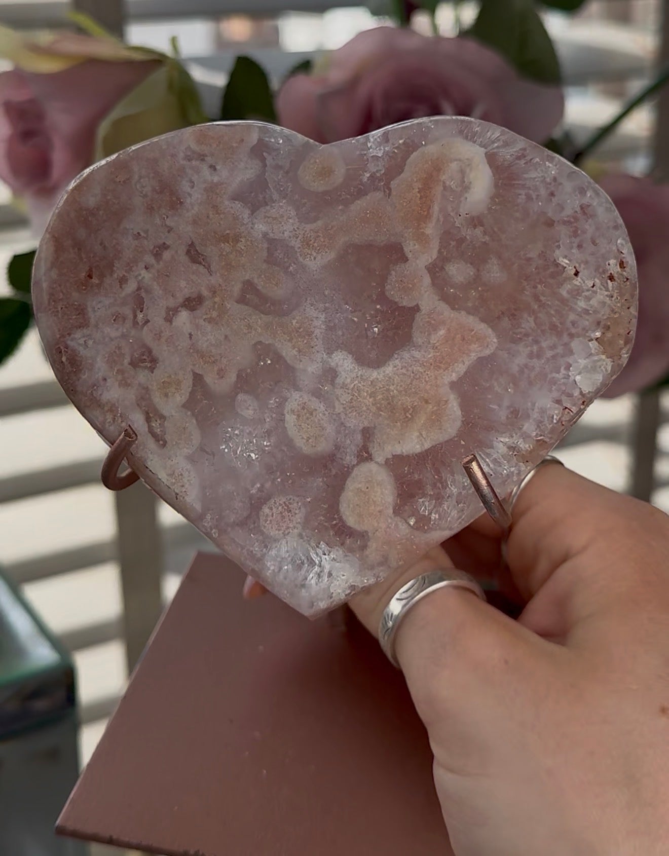 Hq pink amethyst heart with quartz - comes with stand