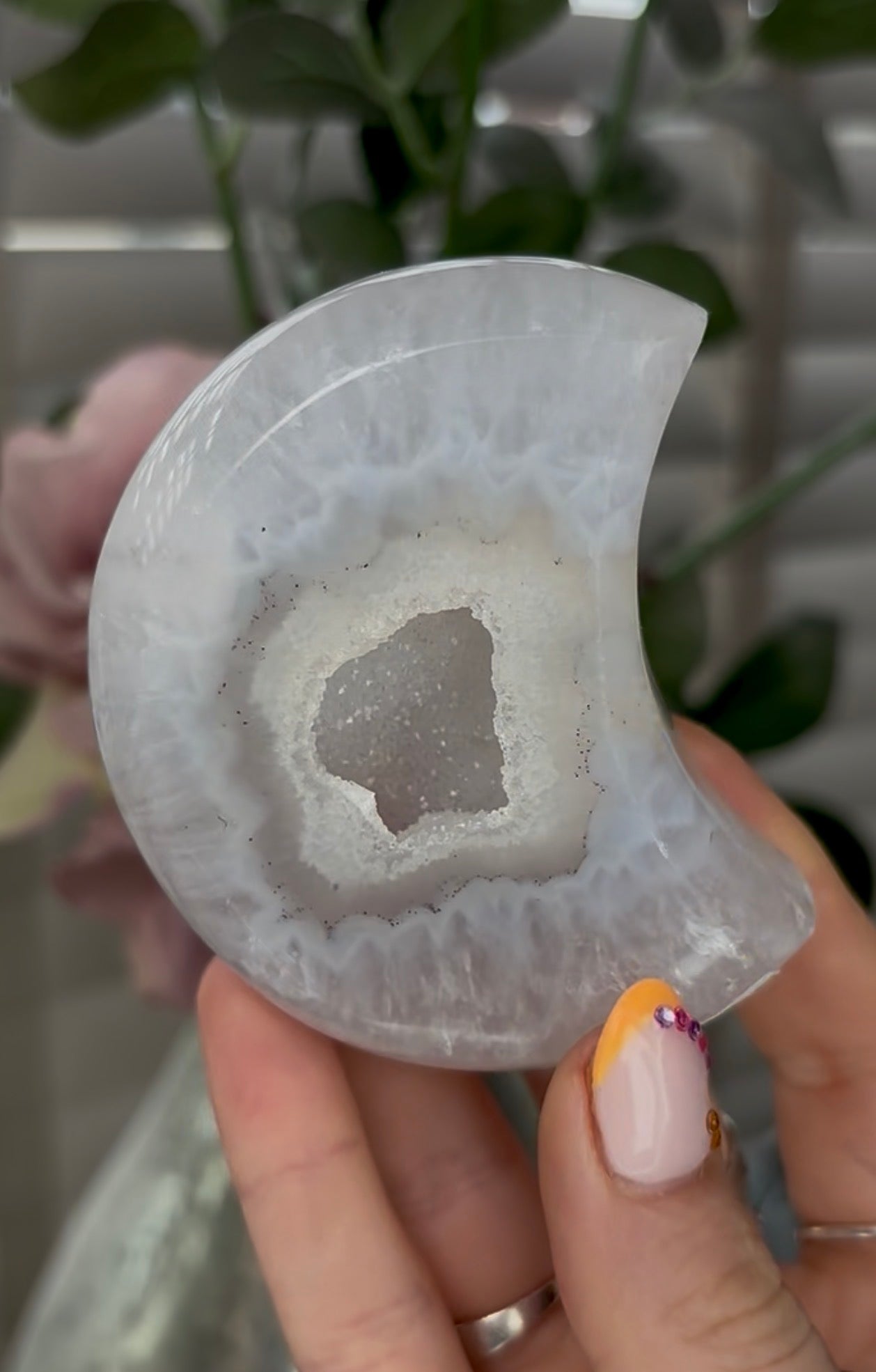 Beautiful, high grade, agate moon with druzy - comes with stand