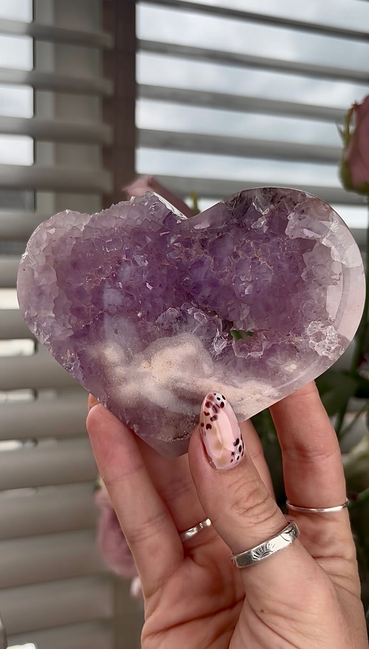 High grade, amethyst Flower agate heart with high clarity quartz