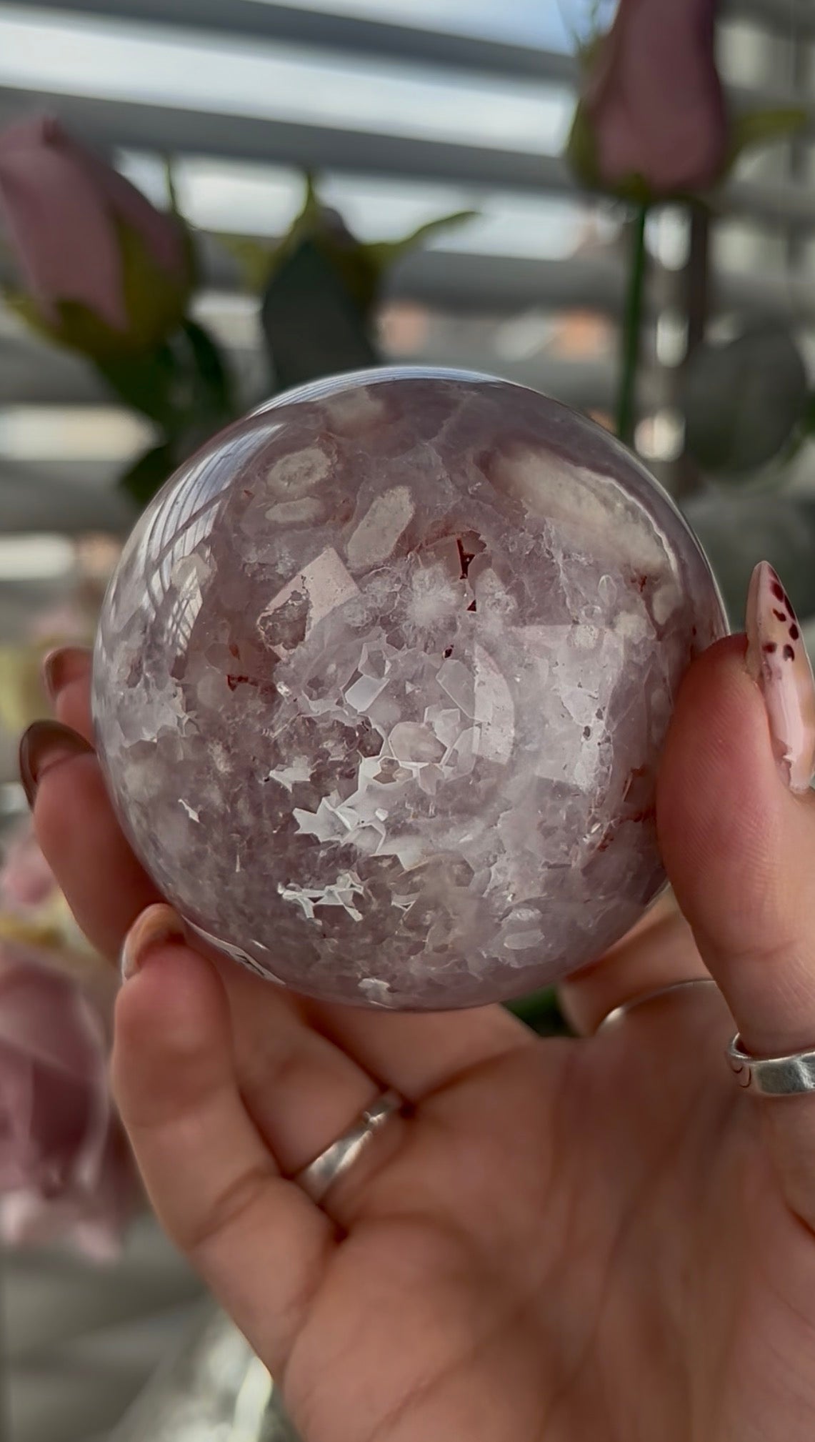 High grade, amethyst Flower agate sphere with high clarity quartz