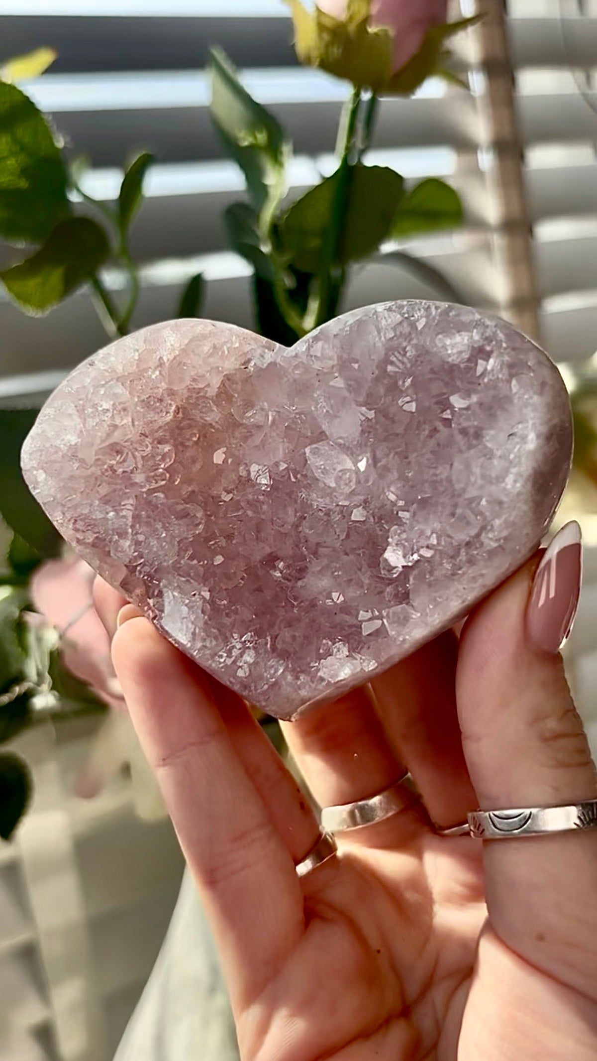 Gorgeous, high quality, pink amethyst quartz heart- comes with stand