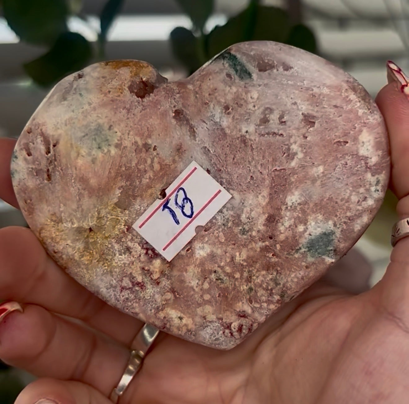 pink amethyst heart with rutile - comes with stand