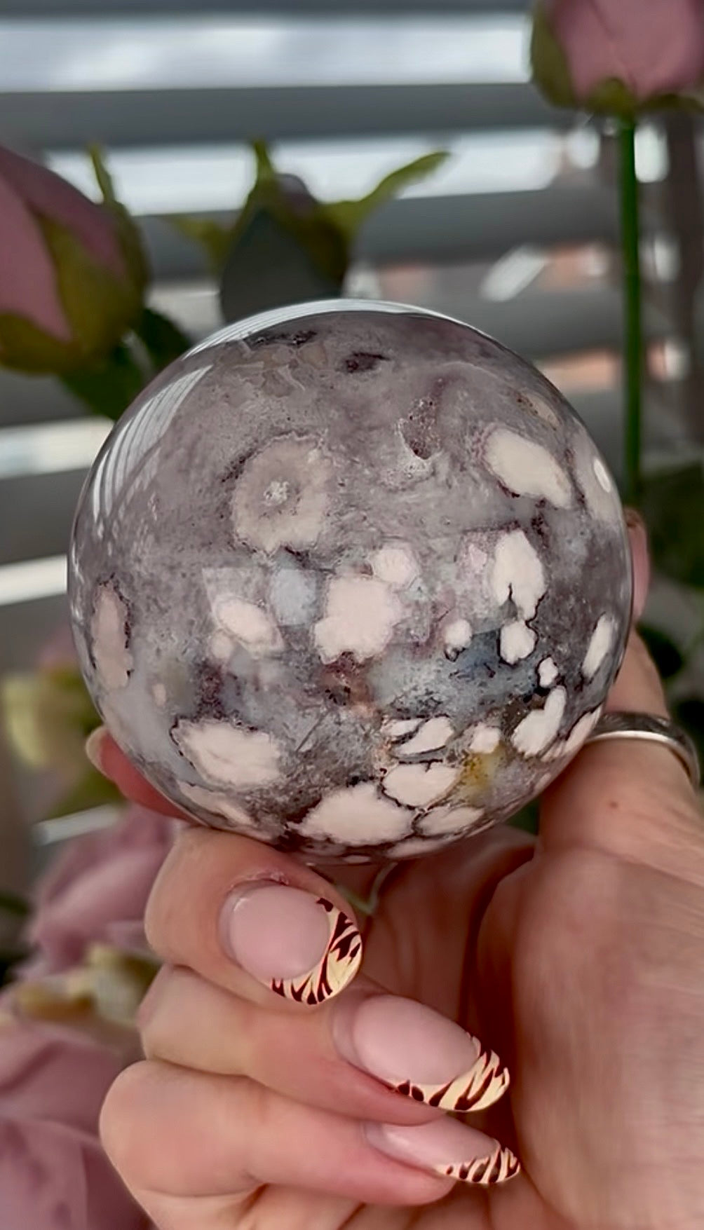 Stunning!! Super high quality, Druzy, green chlorite x blue flower agate sphere