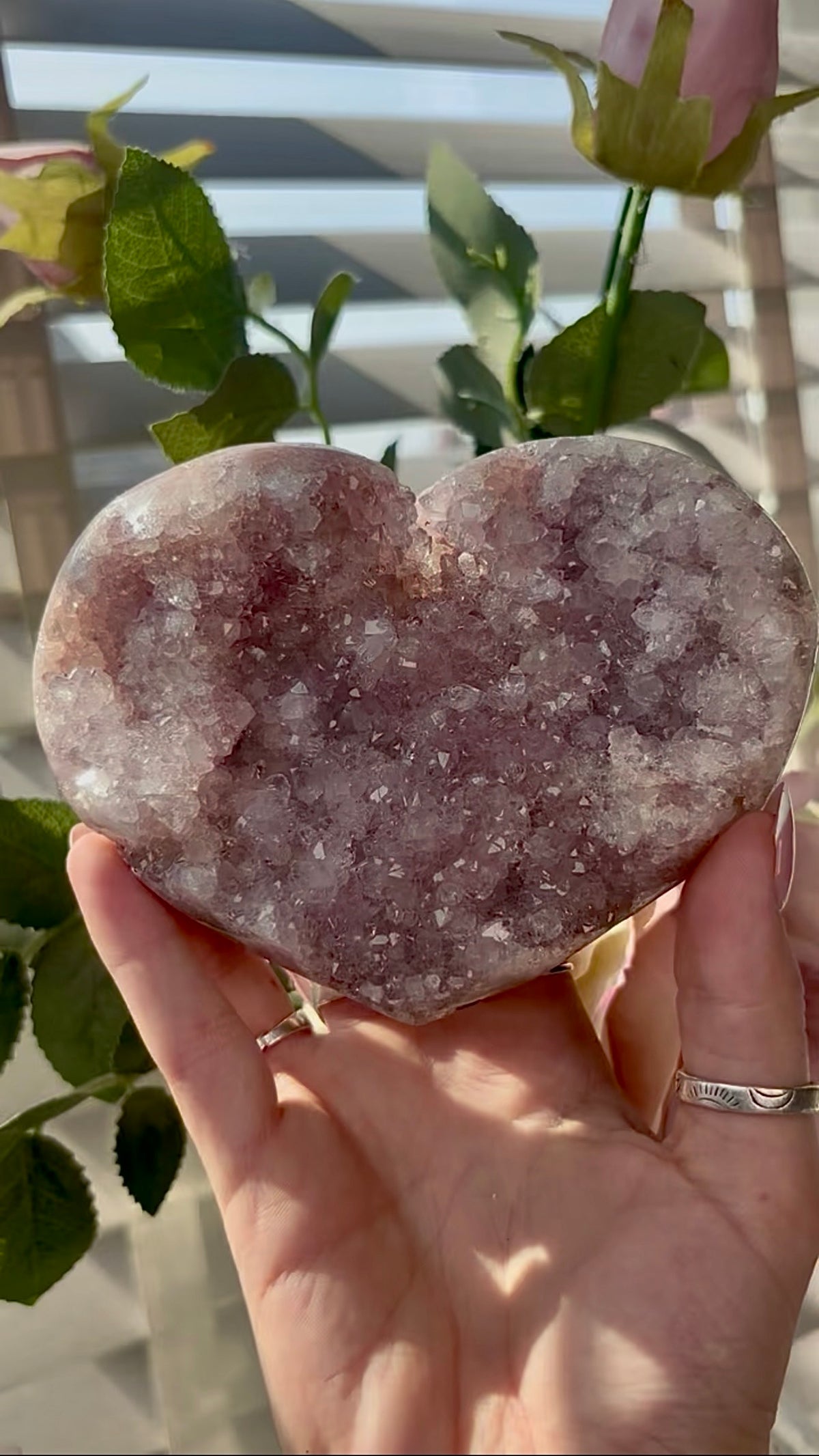 Gorgeous, hq, druzy pink amethyst heart- comes with stand