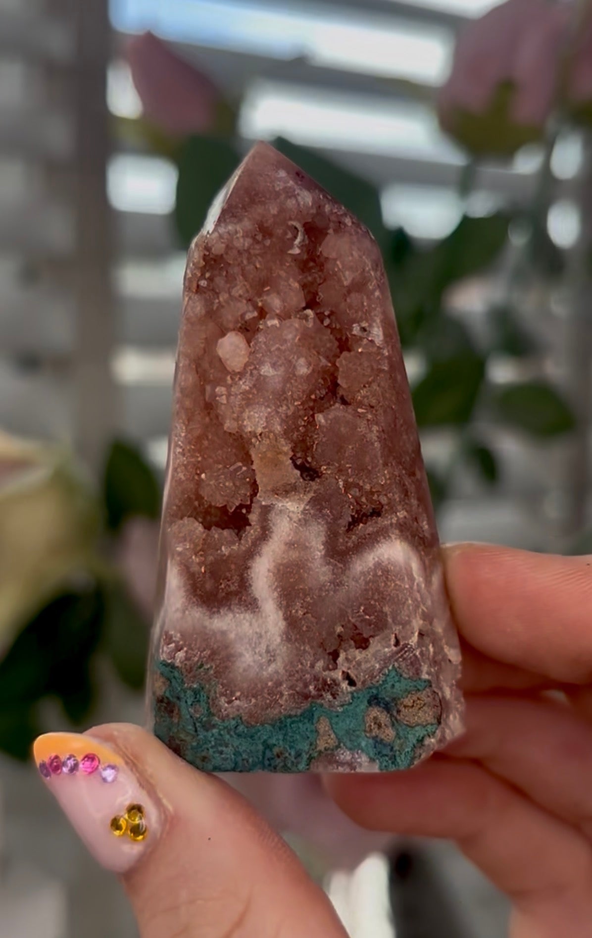 Beautiful, Pink amethyst tower in a burnt orange tone with green jasper