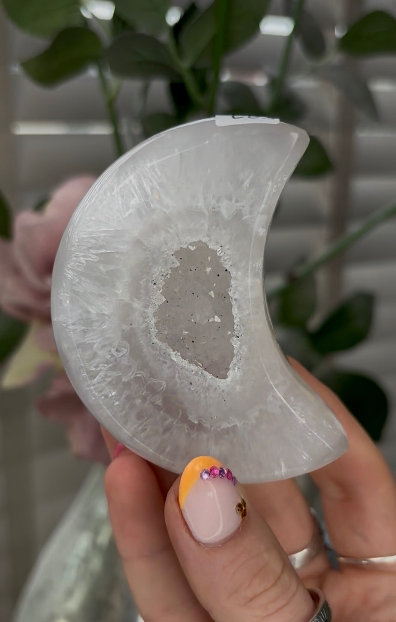 Beautiful, high grade, agate moon with druzy - comes with stand