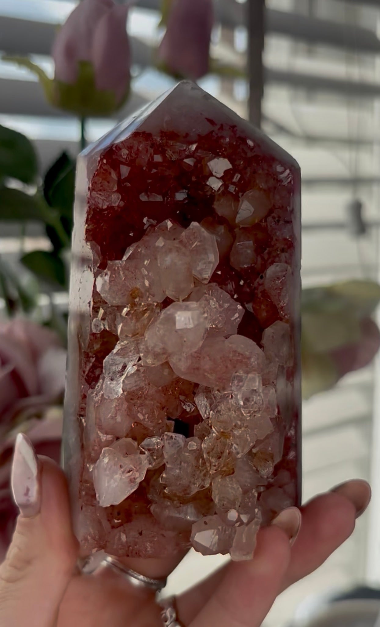 Beautiful, high quality, Pink amethyst tower in burnt orange/red tones with chewing gum druzy