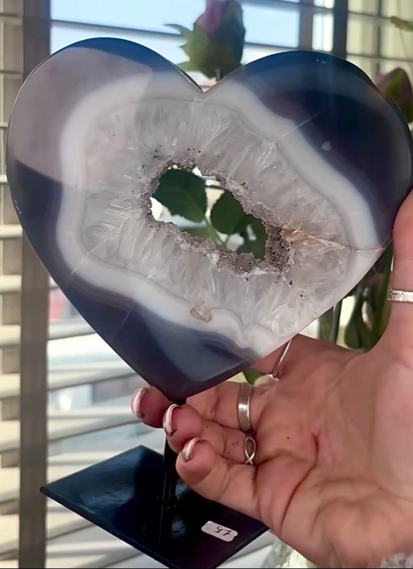 Gorgeous, high grade, blue banded agate heart on stand