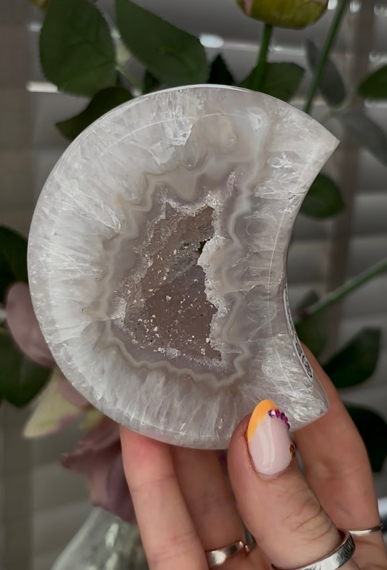Beautiful, high grade, agate moon with druzy - comes with stand