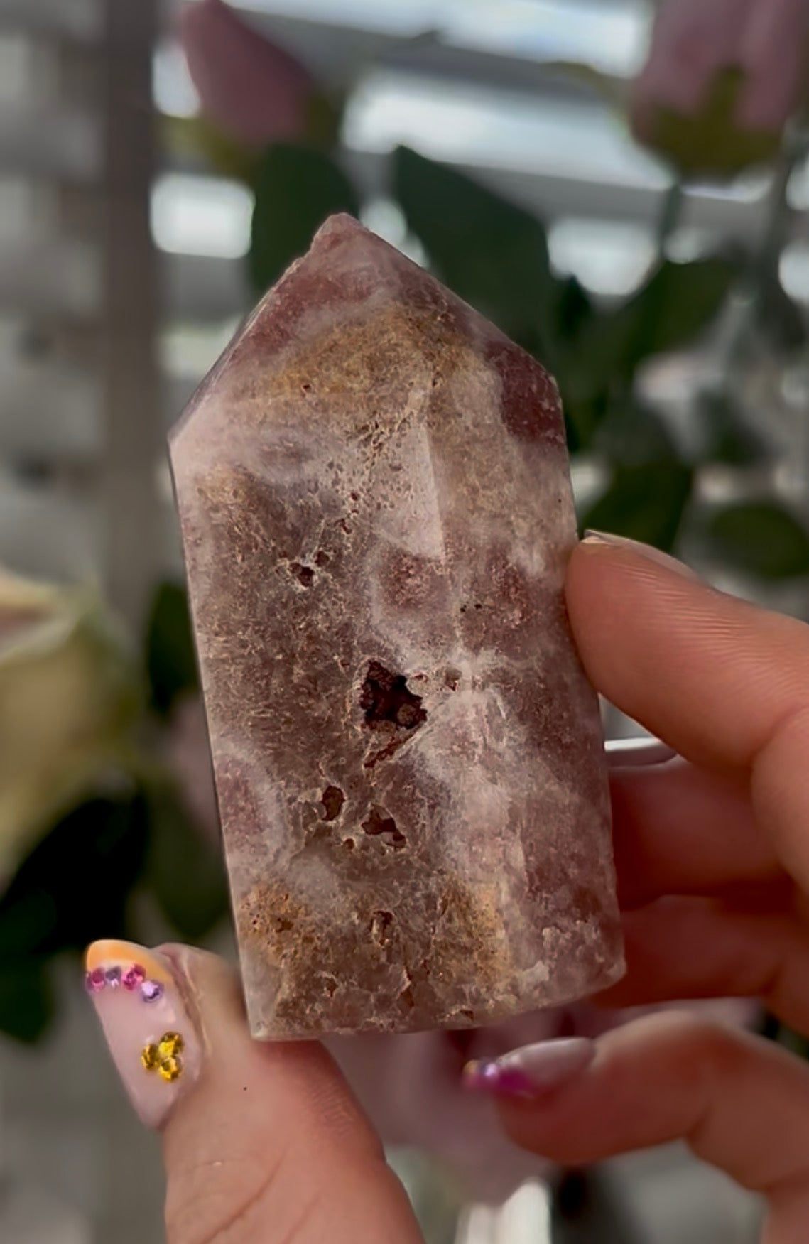 Small, Pink amethyst tower with druzy