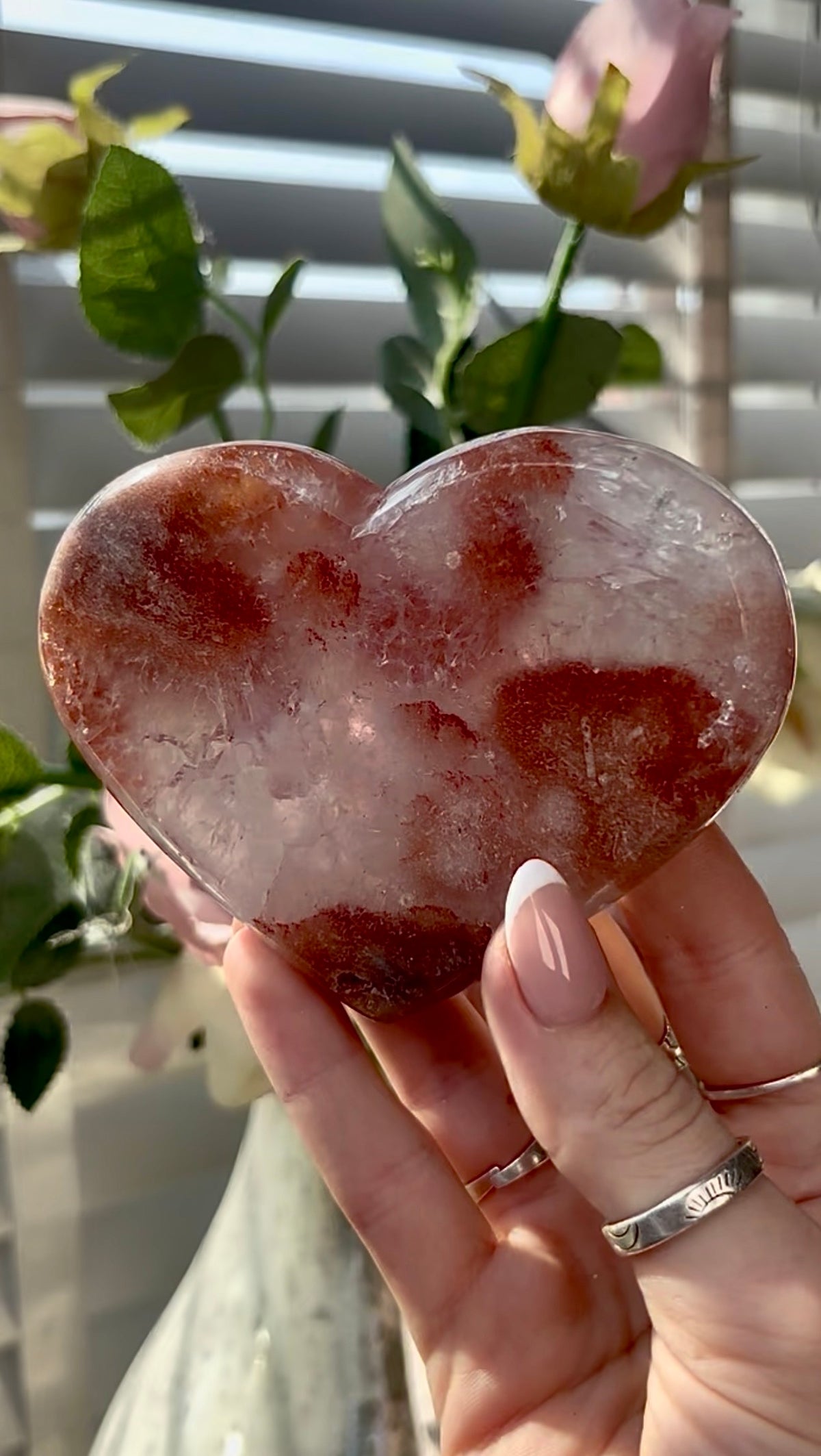 Gorgeous, high quality, berry red, pink amethyst heart with quartz- comes with stand