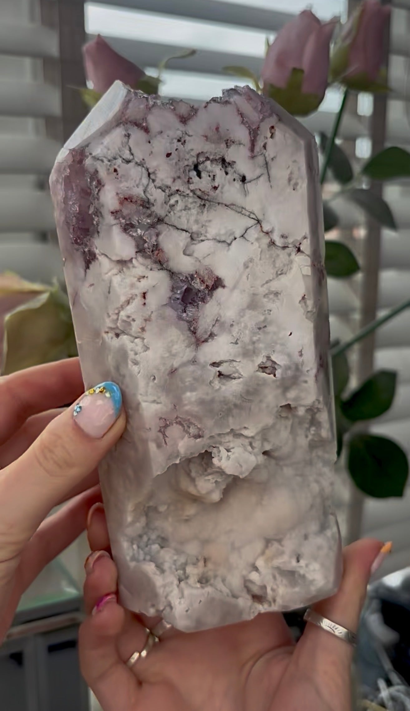 Huge, High quality, Pink amethyst tower, with purple quartz druzy