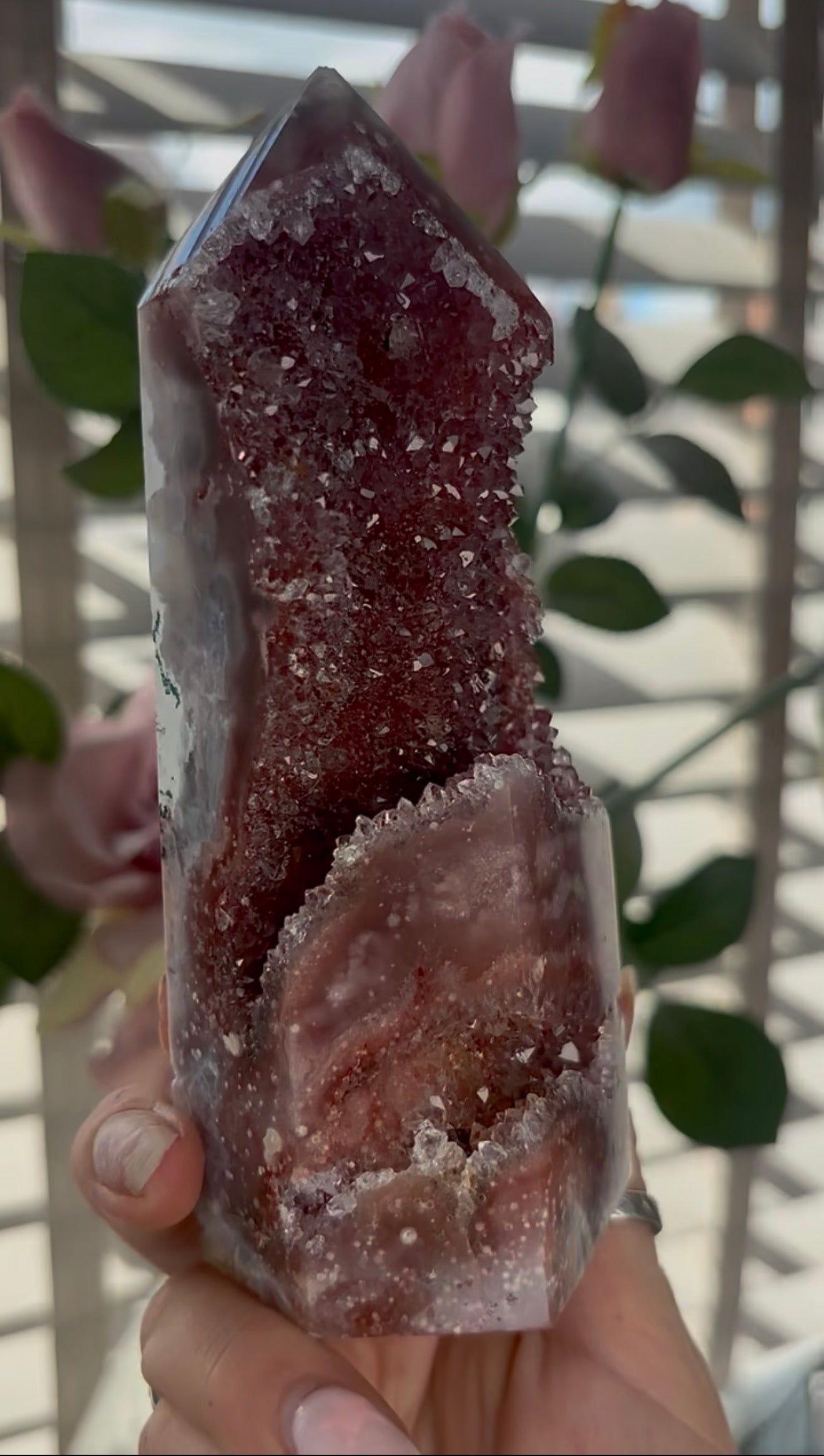 Incredible, high quality, Pink amethyst tower in red tones with sugar druzy