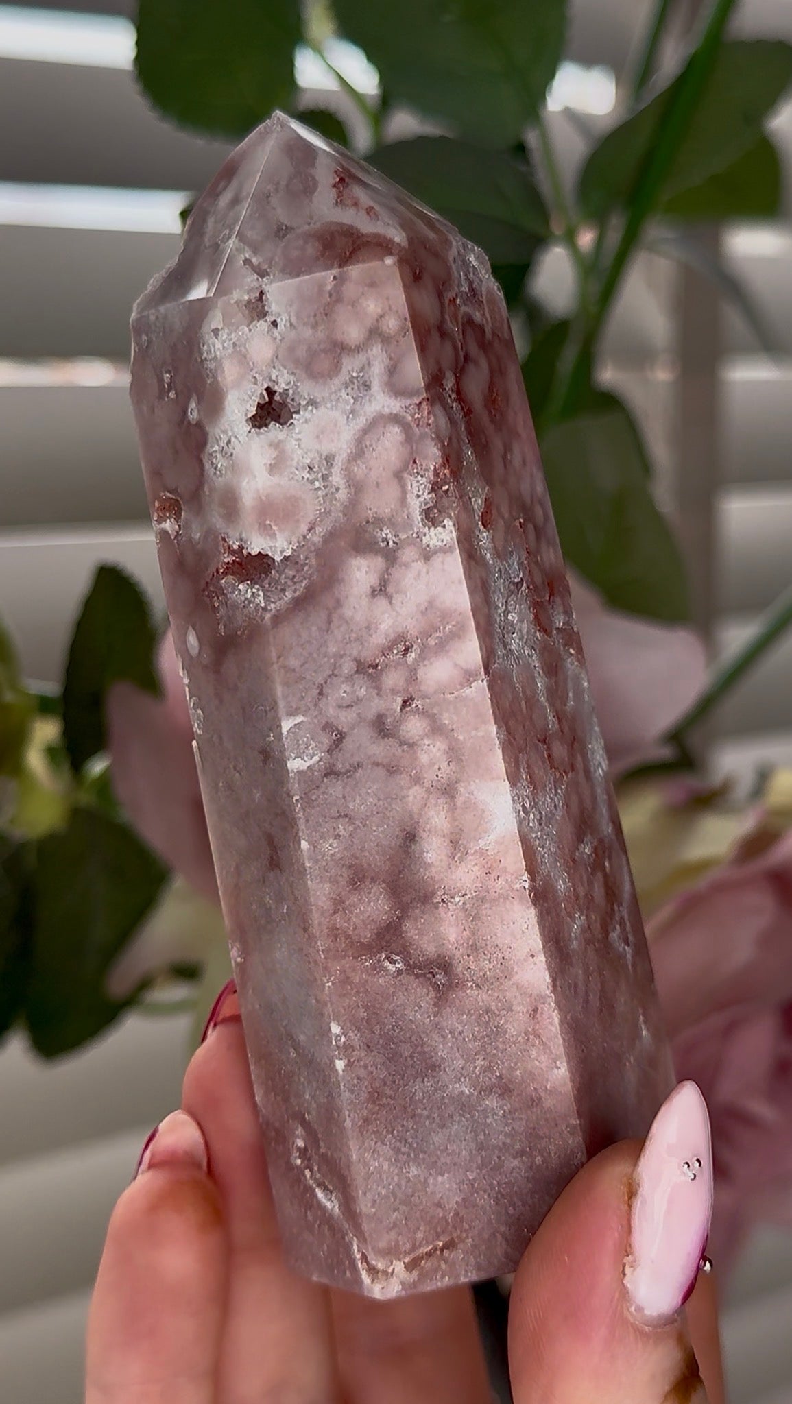 Pink amethyst tower with quartz 17cm by 5cm
