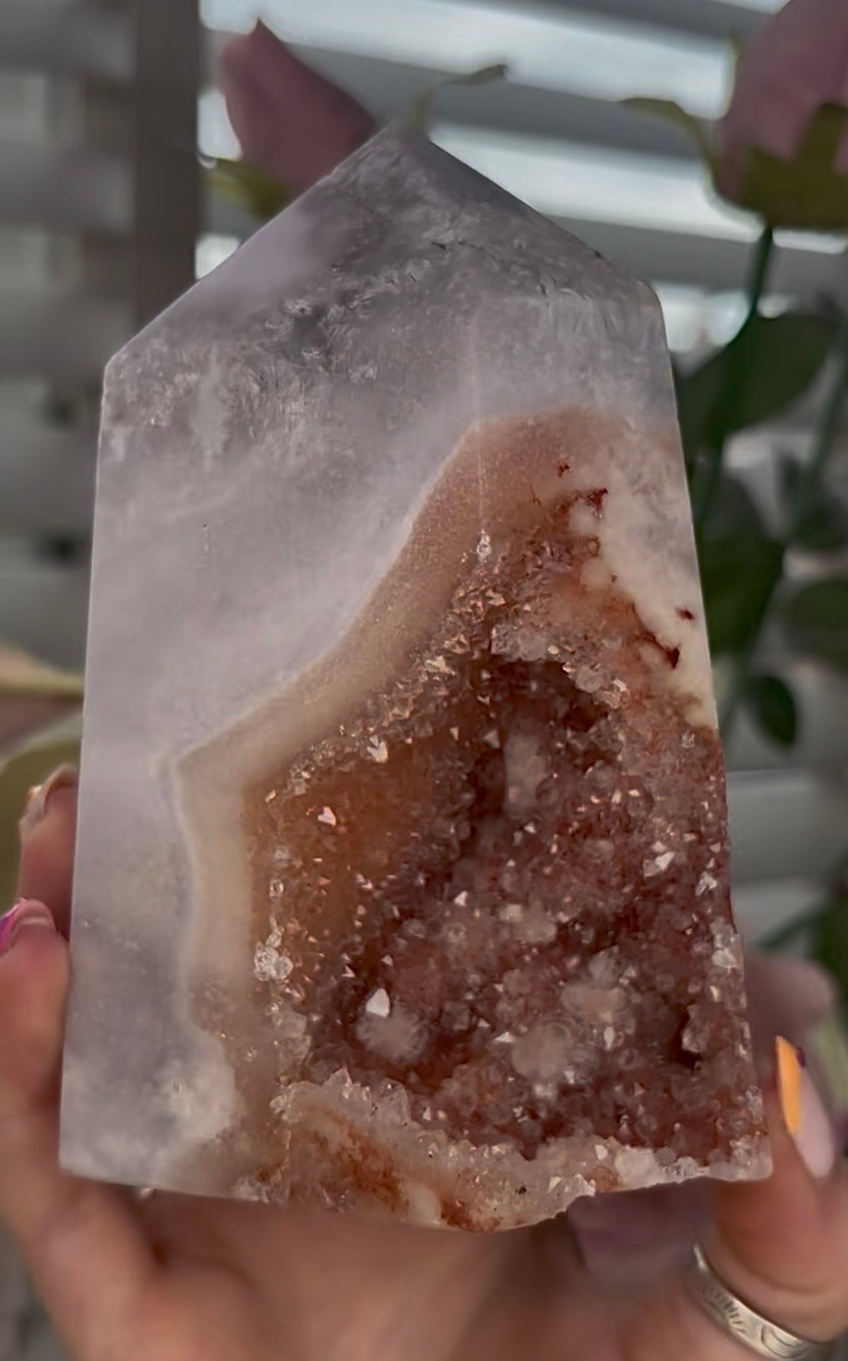 Large, High quality, Pink amethyst tower, with orange druzy