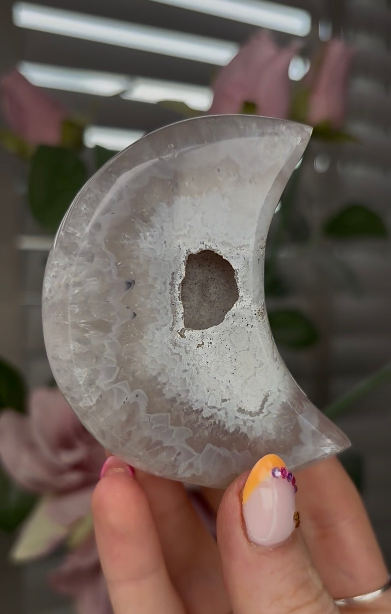 Beautiful, agate moon with druzy - comes with stand