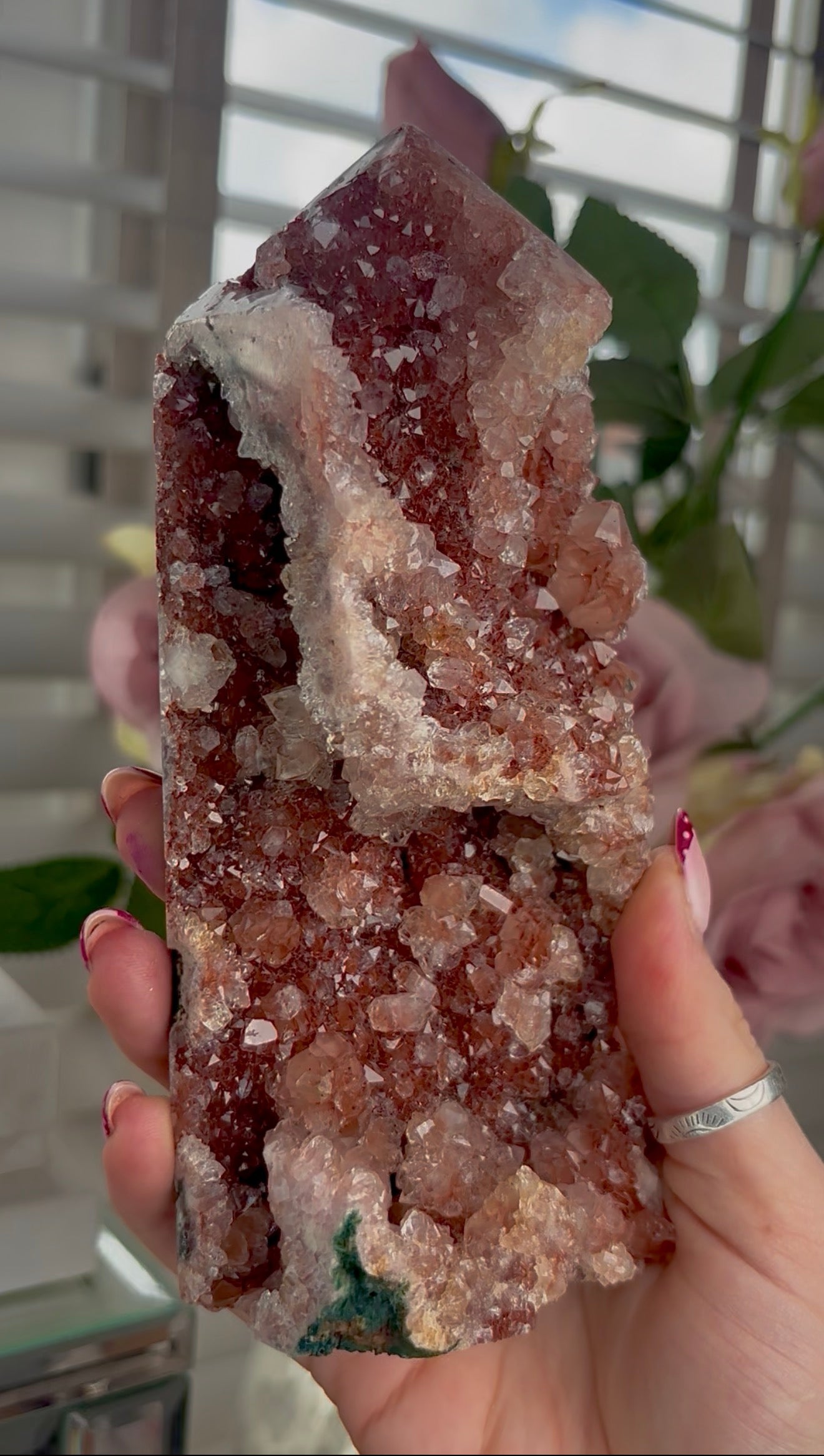 Hq Druzy Pink amethyst tower & jasper In golden and reddish tones
