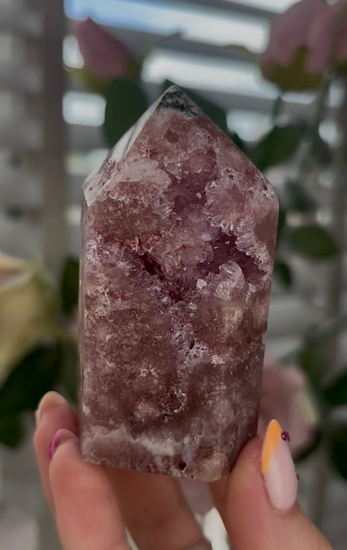 Beautiful, Pink amethyst tower with quartz druzy