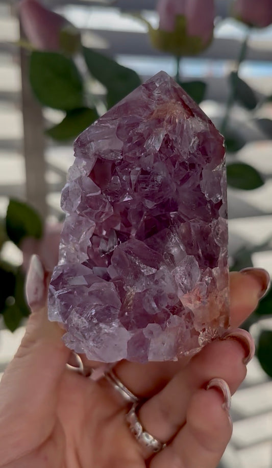 Beautiful, high quality, chonky, Pink amethyst tower with purple quartz