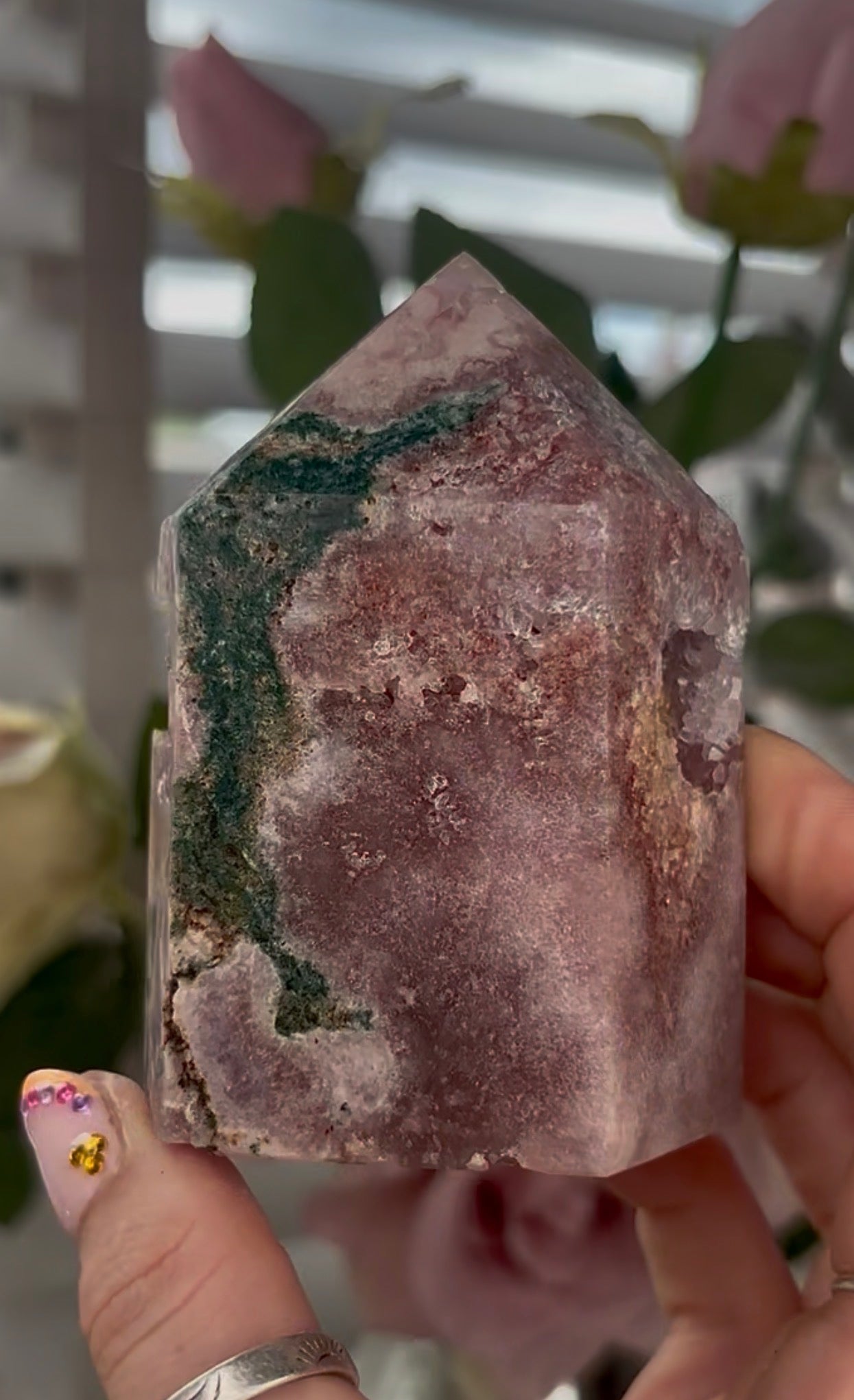 Pretty, high quality, Pink amethyst tower, with lilac quartz druzy