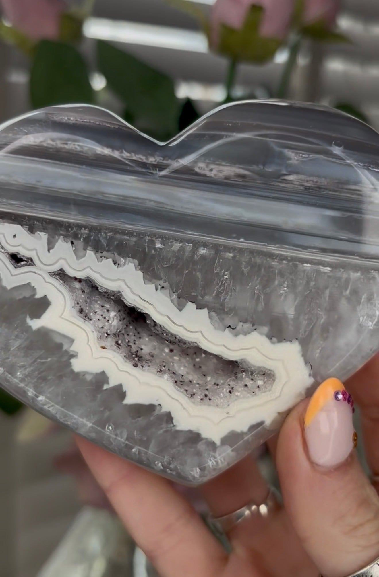 Beautiful, high grade, blue banded agate heart with druzy - stand included