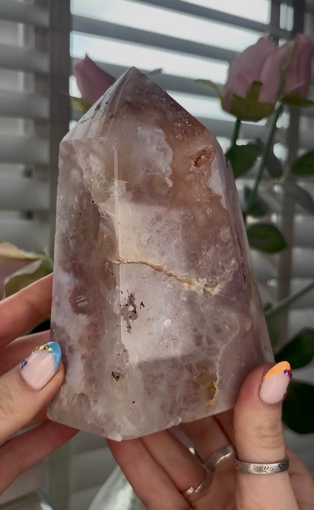 Huge, Beautiful, Pink amethyst tower with purple quartz druzy