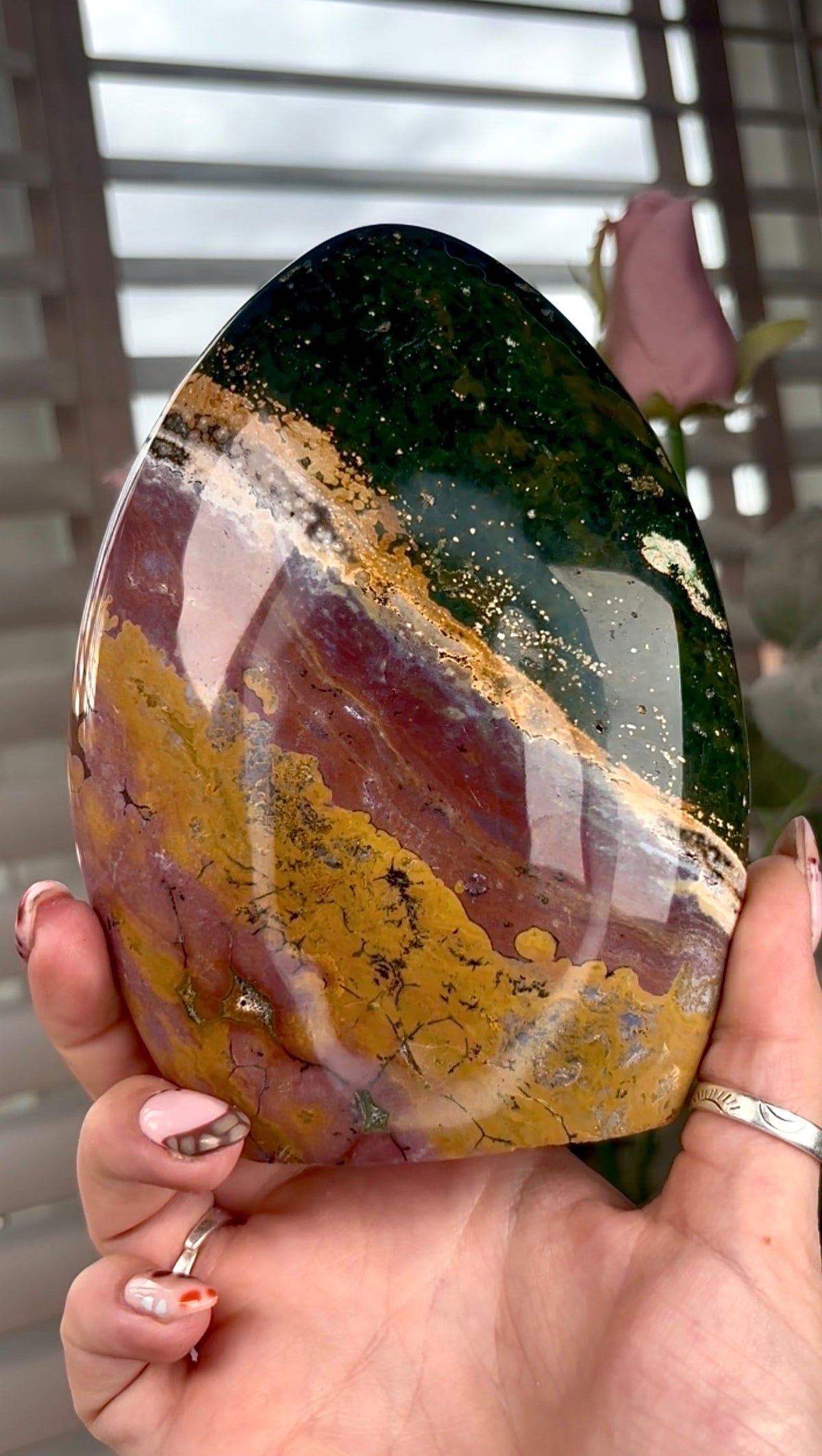 High quality, purple, mustard & green ocean jasper Freeform 13.5cm(h) 10cm(w)
