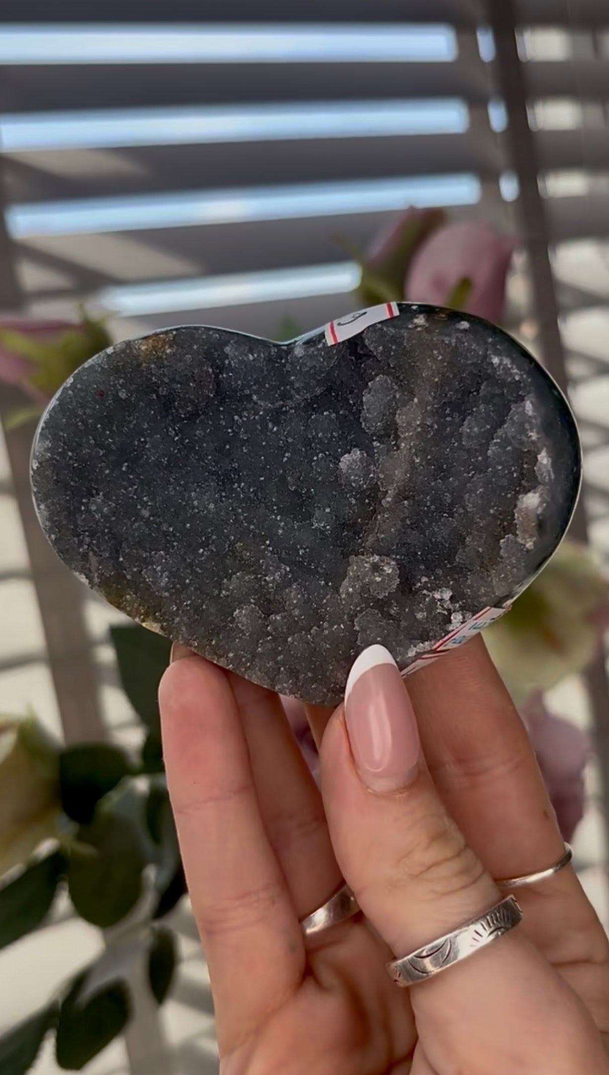 Uruguay, rainbow amethyst heart in dark grey tones - comes with stand