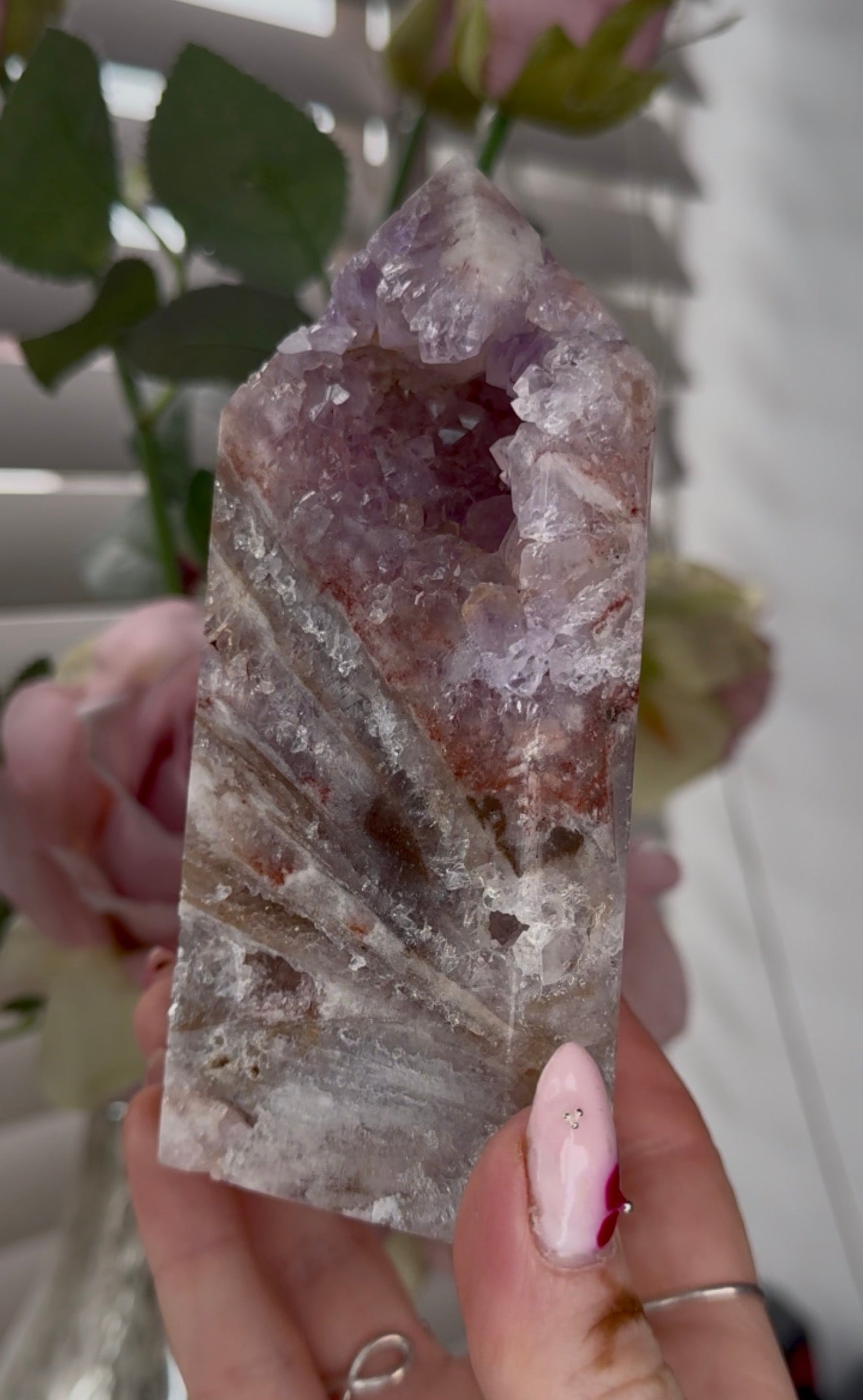 High quality Pink amethyst tower with agate, jasper & rutile 13cm(h) 7cm(w)