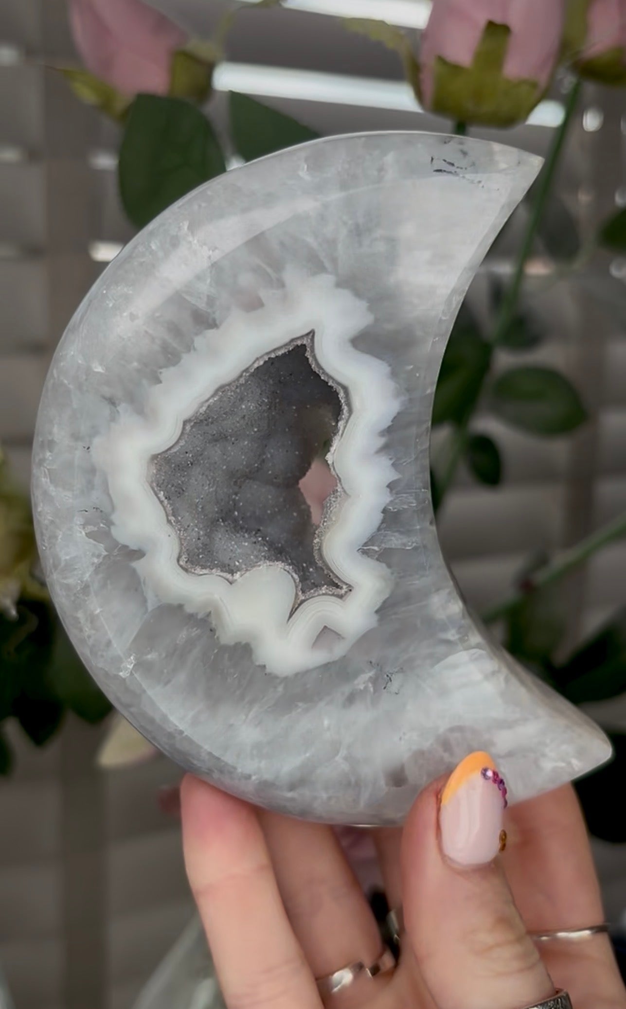 Beautiful, high quality, agate moon with druzy - stand included