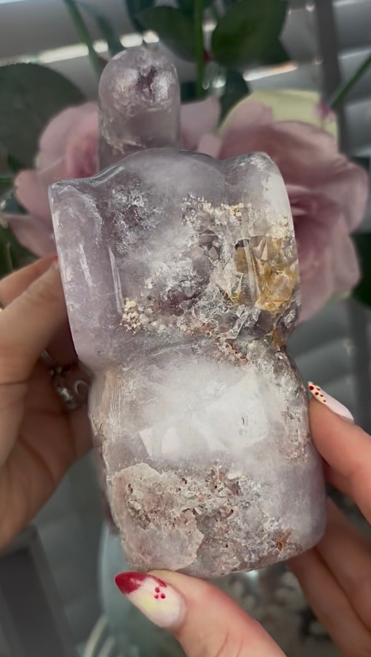 High grade, pink amethyst elephant carving with chunky druzy