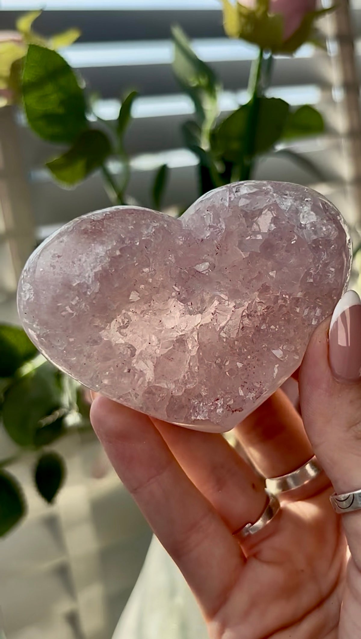 Gorgeous, high quality, pink amethyst quartz heart- comes with stand