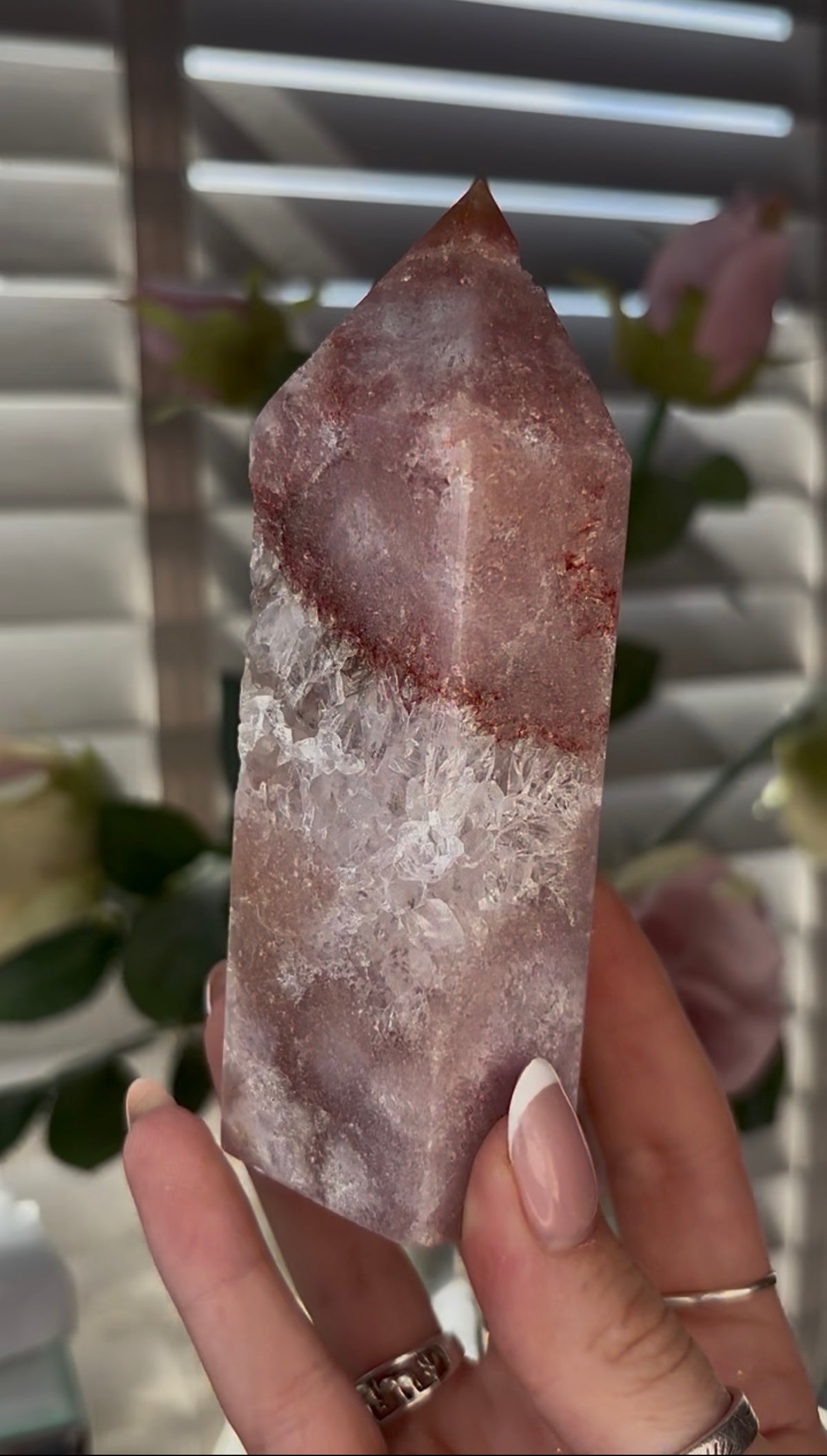 Beautiful, Pink amethyst tower with quartz 12.5cm(h) by 5cm(w)
