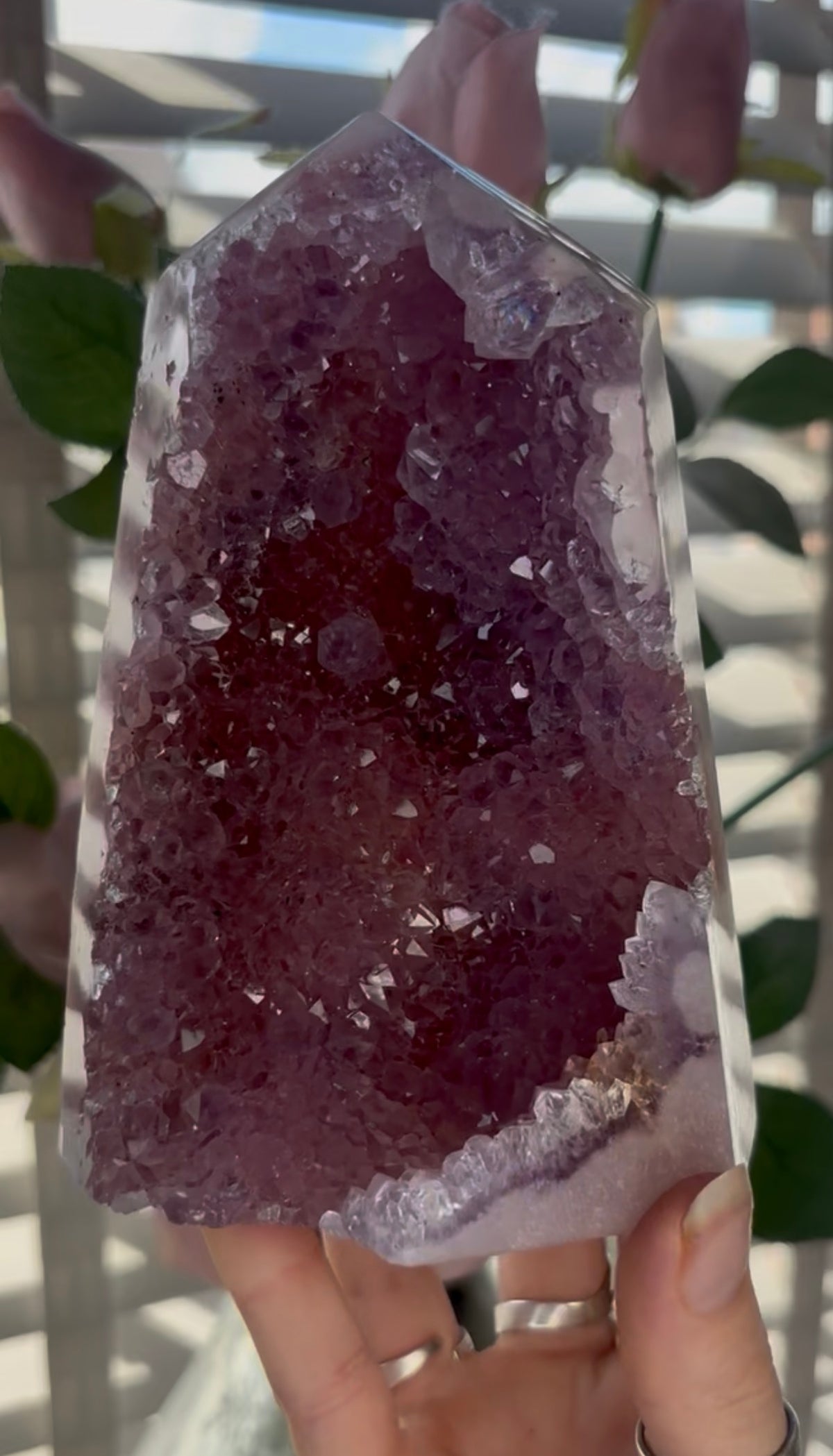 Beautiful, high quality, Pink amethyst tower in lilac tones with vibrant purple druzy