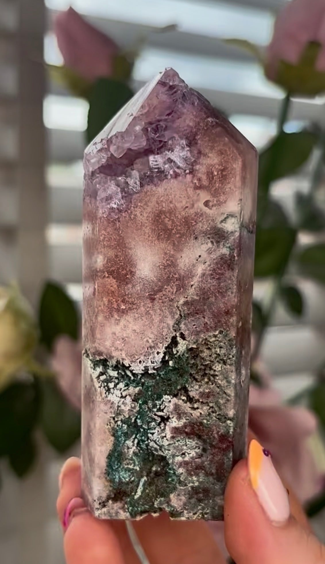 Pretty, Pink amethyst tower, with purple quartz druzy & green jasper