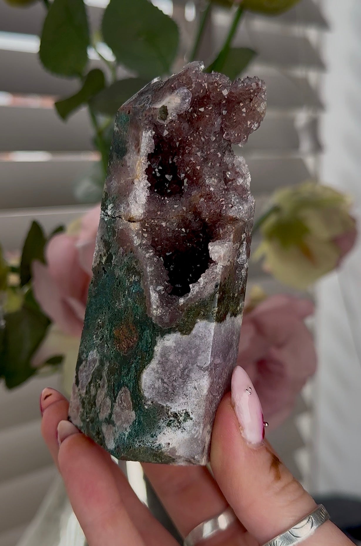 High quality Pink amethyst tower with jasper 11cm(h) 5cm(w)