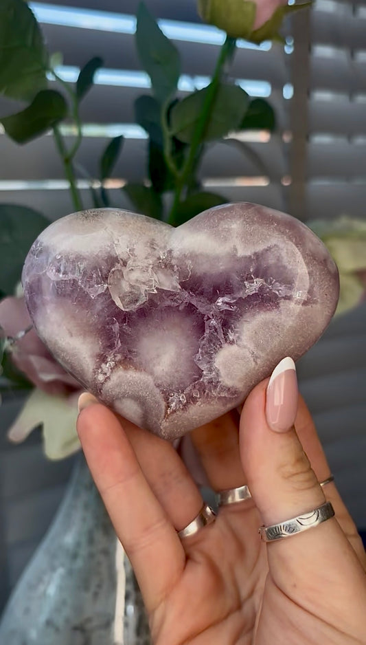 Gorgeous, pink amethyst heart- comes with stand