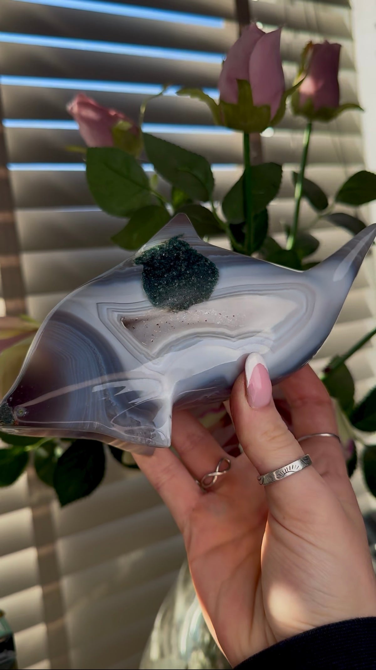 Beautiful, high grade, cute, banded agate dolphin with druzy & Green jasper