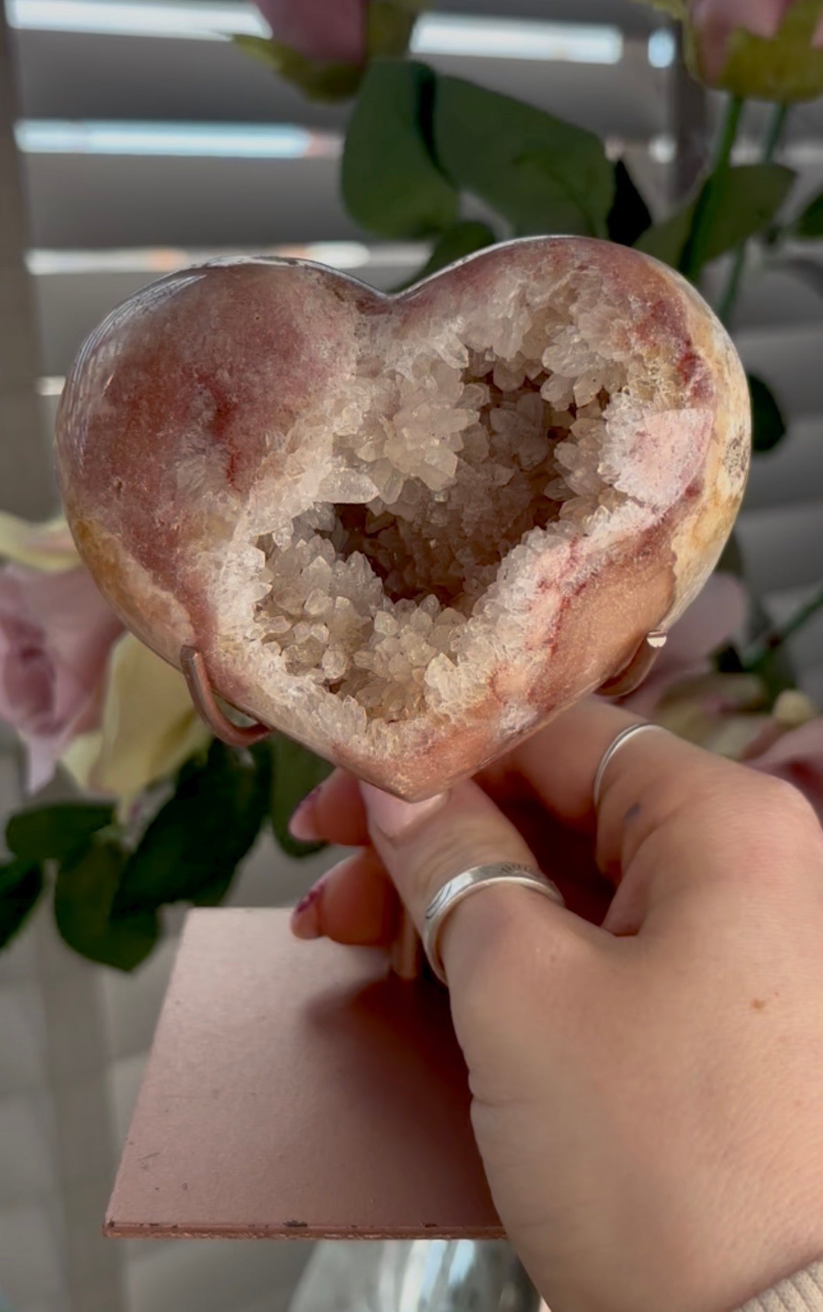 pink amethyst heart - comes with stand